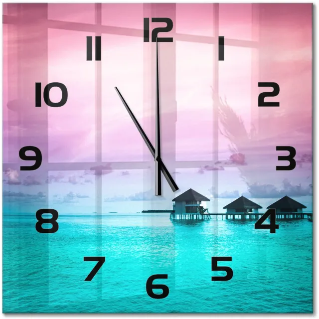 TULUP Wandklok - Bungalows aan het water Decoratieve Glazen Klok - 60x60 cm - Blauw Glazen Wandklok Design - Zwarte handen - Vierkante Klok - Glazen Klok Met Print - Wandklok Glas Met Motief