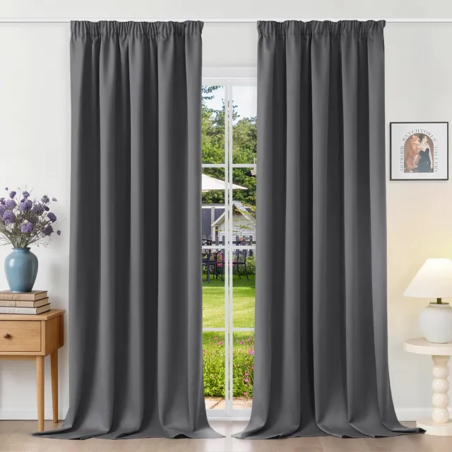 Famanu Thermo verduisteringsgordijn, isolerend, 140 x 245 cm (l x h), met plooiband, ondoorzichtig en uv-bescherming, ideaal voor slaapkamer en woonkamer, donkergrijs, set van 2