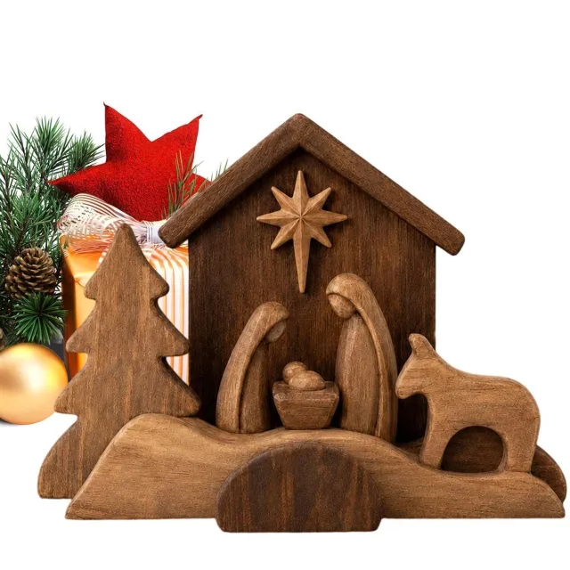 Famanu Houten kerststal voor binnen, perfect als religieuze kerstbureaudecoraties, voegt een warme en sfeervolle ambiance toe aan uw kerstversiering, ideaal voor thuisgebruik en als onderdeel van uw kerstdecoratie
