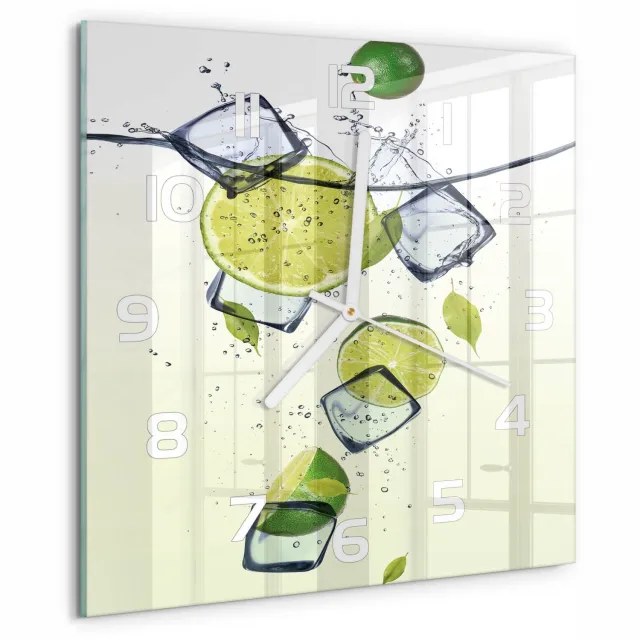 TULUP Wandklok - Limoenen en ijs Moderne Wandklok Glas - 30x30 cm - Groente Wandklok Glas Decoratie - Witte handen - Vierkante Klok - Glazen Wandklok Design - Klok Glas Met Opdruk