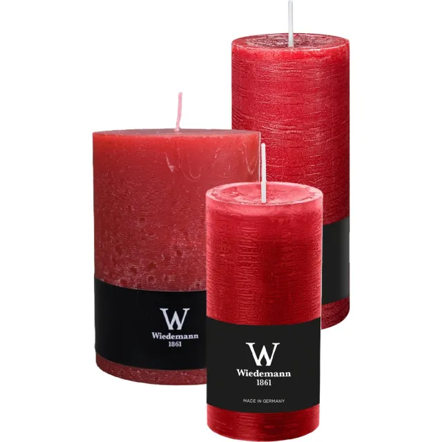 Wiedemann Cilinderkaarsen/stompkaarsen - set van 3 - rustieke kaars - rood - 10x14/7x16/6x12 cm