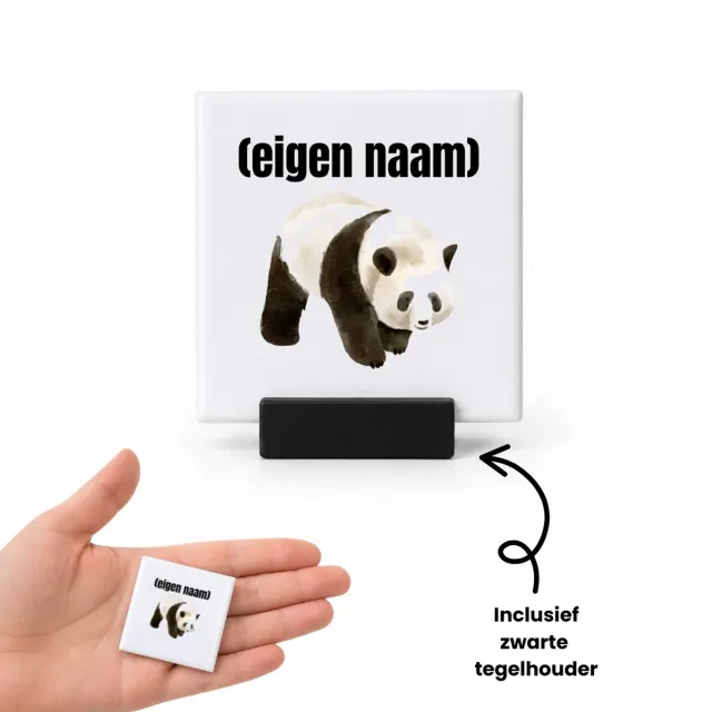Hacebo panda met eigen naam tegeltje met tegelhouder - Panda - panda liefhebbers - tegeltjes met tekst - iemand die houdt van panda's - verjaardag - cadeau - kado - spreuktegels - 4.8x4.8 CM Wit
