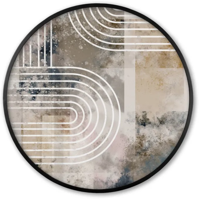 FrameYourWall Poster in lijst Rond - Fotolijst 80x80 cm - Posters - Abstract - Kunst - Lijnen - Wit - Blauw - Beige - Ronde posterlijst zwart - Decoratie - Wanddecoratie woonkamer - Muurdecoratie slaapkamer