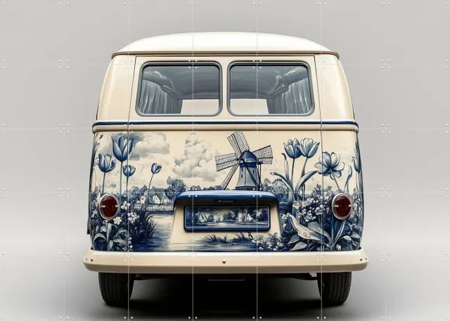 IXXI Delfts Blauwe VW Bus 2, Margriet Hulsker - 140 x 100 cm - Grote wanddecoratie en posters - Vintage, Illustraties, Woonkamer, Studeerkamer