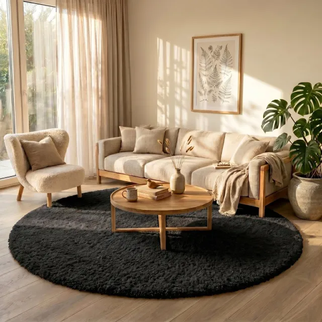 NATURL. Rond Shaggy vloerkleed - Blaze Zwart | Luxe look! - Ø 120cm