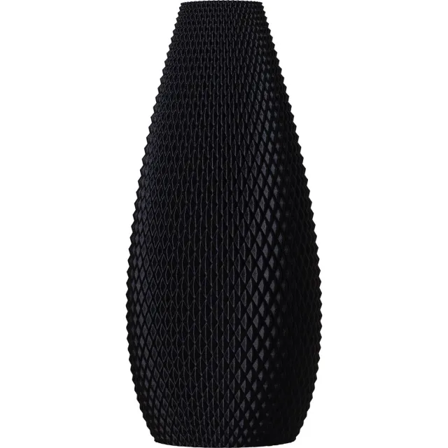 Slimprint Vaas FLUX, Mat Zwart, L15,8 x B12 x H35, Halfronde Tafelvaas met Geometrisch Reliëf voor Droogbloemen, Gerecycled Biokunststof