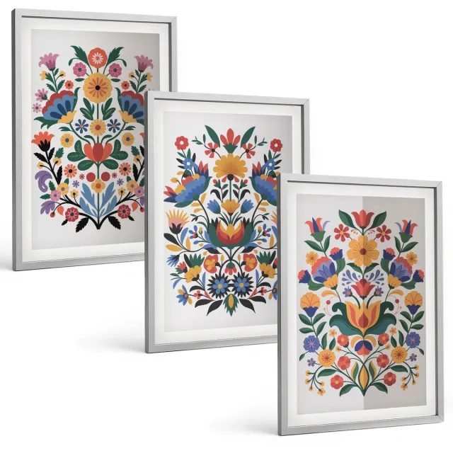 Coloray 3-Delige Schilderij Set - Bloemmotieven In Intense Kleuren Op Een Witte Achtergrond. - 40 x 60 cm - Muurdecoratie - Interieur Decoratie Zilveren lijst