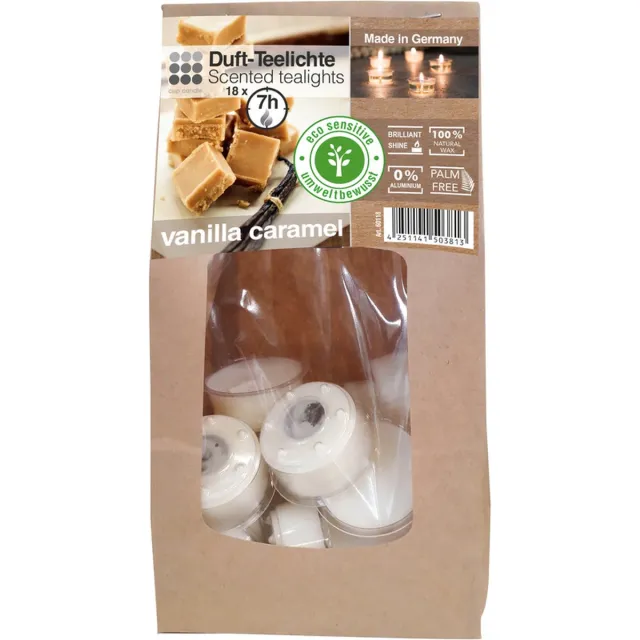 Enlightening Candles 18x Geurtheelichtjes vanille/karamel 7 branduren - Geurkaarsen vanillegeur/karamelgeur - Waxinelichtjes - Eco/milieubewuste kaarsjes Wit