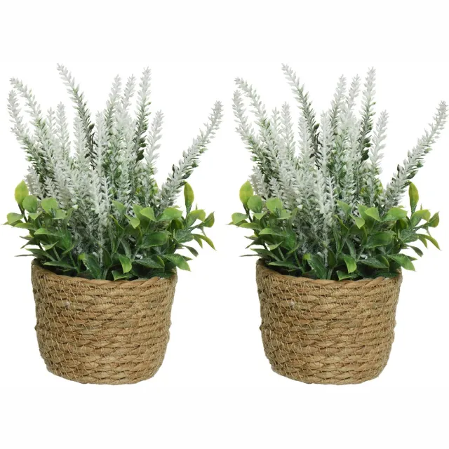 Everlands Lavendel - 2x - kunstplant in plantenmand - wit - D12 x H26 cm