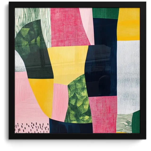 FrameYourWall Poster in lijst - Fotolijst 40x40 cm - Posters - Abstract - Roze - Lappen - Vormen - Geel - Posterlijst zwart - Decoratie - Wanddecoratie woonkamer - Muurdecoratie slaapkamer