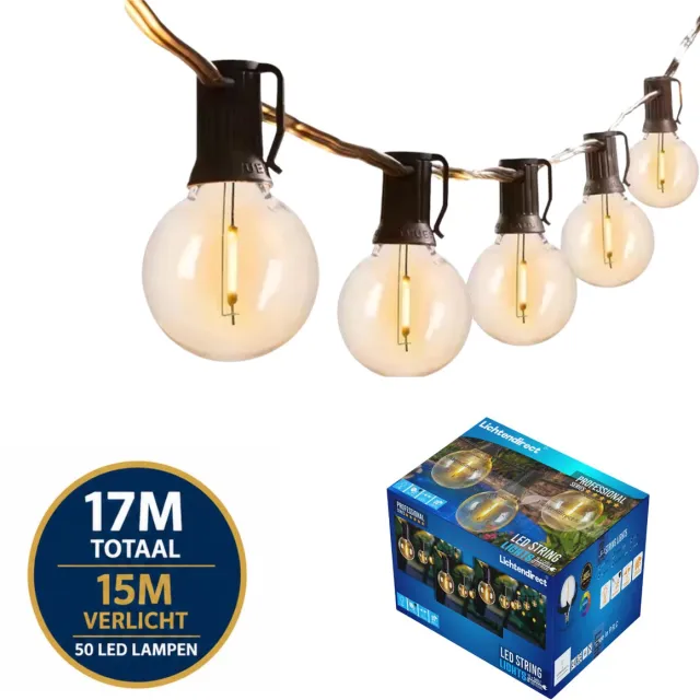 Lichtendirect Lichtsnoer 17 Meter met 50 LED Lampen - Prikkabel Buitenverlichting - Warm Wit 2700K - IP44 - Koppelbaar- Terrasverlichting-Tuinverlichting