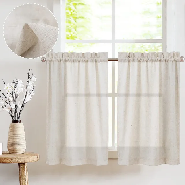 Unyqoos Gezellige Beige Linnen Vitrage Set voor Keuken en Balkon, Inclusief 2 Gordijnen met Trekkoord, Landelijke Stijl, 65 x 90 cm