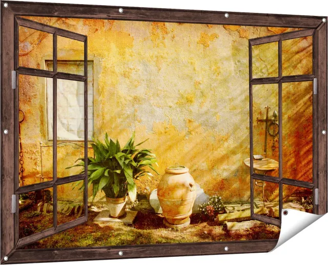 Gards Tuinposter Doorkijk Oude Stenen Muur - 150x100 cm - Tuindoek - Tuindecoratie - Wanddecoratie buiten - Tuinschilderij Donker bruin