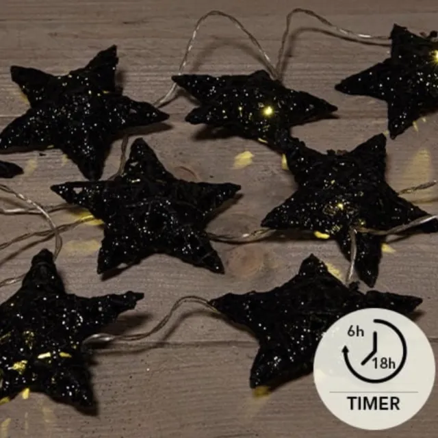 CBD Kerstverlichting Sterren Slinger - 10 LED Sterren - Glitter Zwart - Binnen - Kerstversiering - Kerstverlichting op batterij - Warm Wit