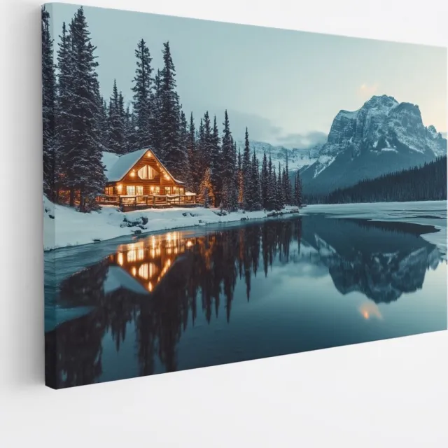 Saammp Canvas Schilderij - Natuur - Huis naast een meer - landschap - 60x40 - Foto op canvas - Wanddecoratie - Muurdecoratie Woonkamer - Slaapkamer decoratie - Canvas Print Multicolor