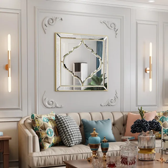 Eleganza Maison® 60x60 cm Vierkante Woonkamerspiegel - Wanddecoratie - Muurdecoratie - Spiegel - HD Glazen Wandspiegel met Gouden Rand - Voor Entree, Slaapkamer en Woondecoratie