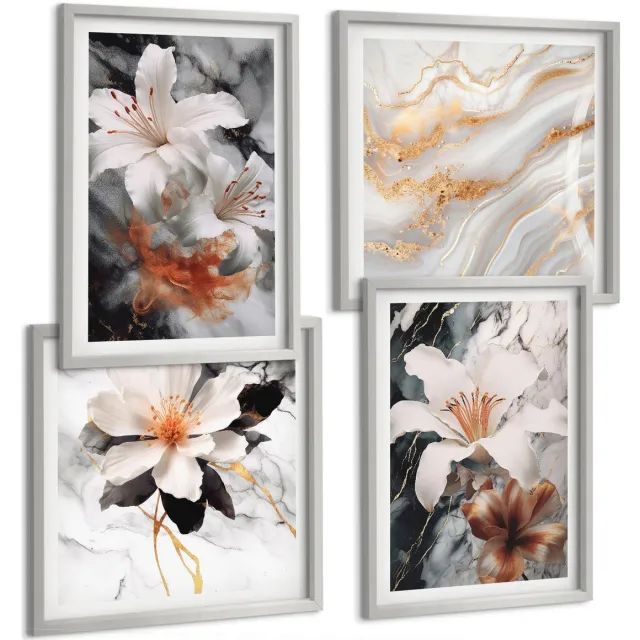 Coloray 4-Delige Schilderij Set - Bloemen Op Een Marmeren Achtergrond In Wit- En Zwarttinten. - 40 x 40 cm En 40 x 60 cm - Moderne Wanddecoratie - Woonkamer - Stijlvolle Muurdecoratie Zilveren lijst