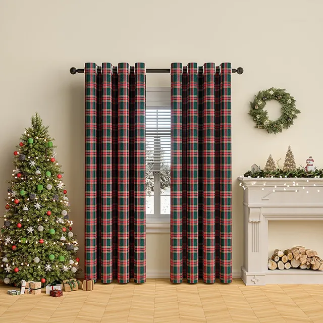 Qelus Rood-Groen Kerst Gordijn met Ruitjes 132x274 cm - Kant en Klaar met Ringen - Verduisterend Vintage Gordijn voor Woonkamer en Slaapkamer - Kerstdecoratie voor een feestelijke sfeer