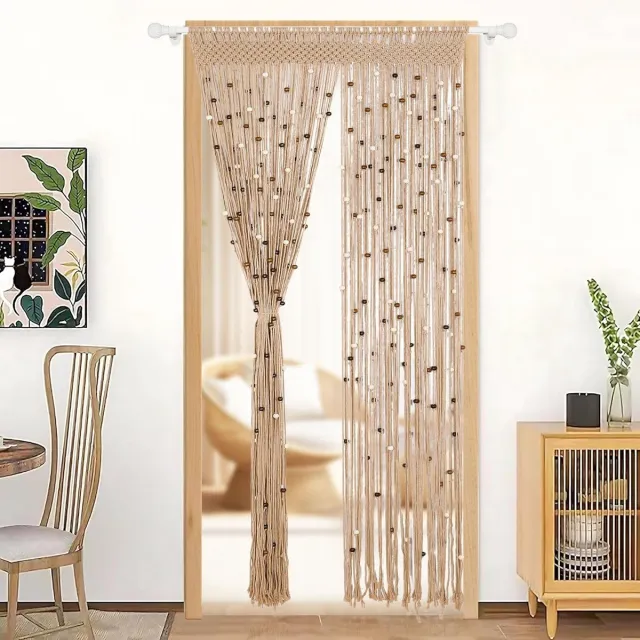 KCVV Vliegengordijn - Deurgordijn -Hordeur - Handgeweven kralengordijn - Handgemaakte deur - en raamdecoratie van katoenen touw - Decoratie met houten kralen - hippie - stijl kamerscherm - privacy -scherm voor kast en slaapkamer - Boheemse stijl Khaki
