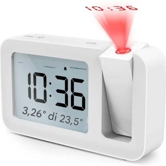 GelldG Wekker - Projectorwekker - Reiswekker - Digitale wekker - Bureauwekker - 3,8-inch LCD-scherm - Meerdere schermweergavemodi - Helderheid in 4 standen - Snooze-functie van 9 minuten - Geschikt voor slaapkamers, kantoren en keukens - Wit