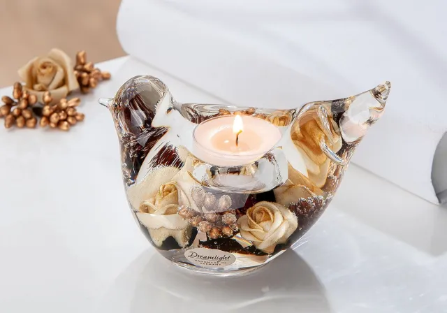 Rawa Geschenken waxinelichthouder vogel gold -glas ingelegd met bruine bloemen - 5x13x7 cm
