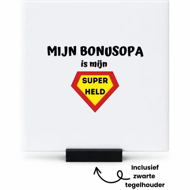 Hacebo mijn bonusopa is mijn superheld tegeltje met tegelhouder - Opa - super bonusopa - tegeltjes met tekst - verjaardag - cadeautje voor opa - opa artikelen - kado - geschenk - spreuktegels - 10.8x10.8 CM Wit