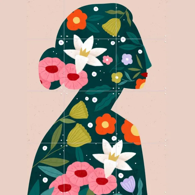 IXXI Filled With Flowers, Bea Müller & Various - 60 x 80 cm - Grote wanddecoratie en posters - Modern, Abstract, Speels, Fantasierijk, Illustraties Groen / Roze