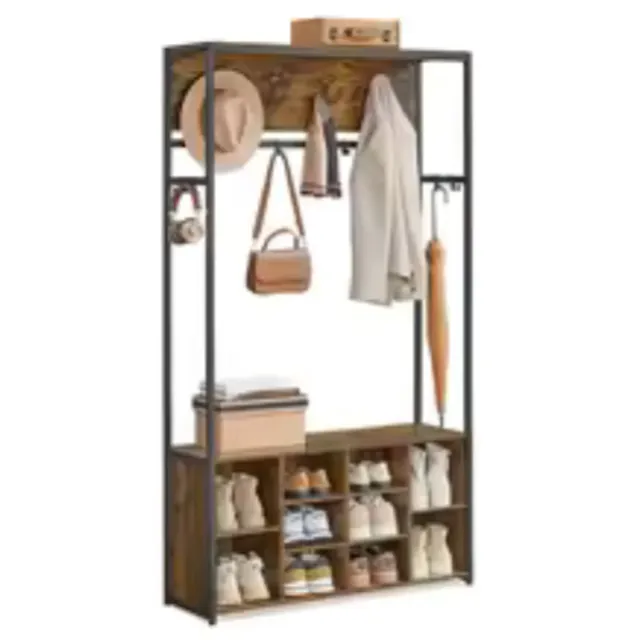 Hennova Kapstok - Gangkast - Schoenenkast - Garderobekast - 4 in 1 - Opbergplank - Met 10 haken - 4 Drievoudige haken - Industrieel - Hout/staal - Bruin - 32x100x180 cm