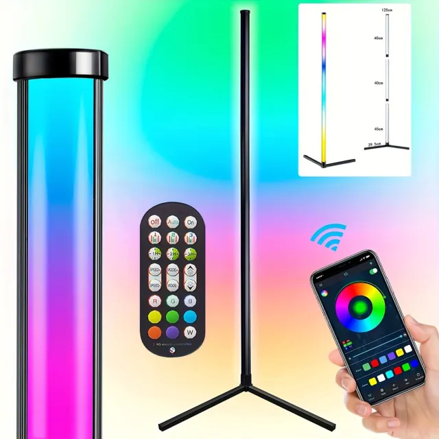 Rosnek Smart RGB Hoeklamp - LED Vloerlamp met App & Afstandsbediening - 16 Miljoen Kleuren - Muziek Sync & Timer - 125cm - Gaming Sfeerlamp - Lampe d'Angle