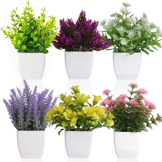 Mrilary Kunstplanten Set van 6 - Kunstplantjes in Witte Pot - Mini Nepgipskruid en Kunstbloemen - Decoratieve Tafelplanten Binnen - Multicolor