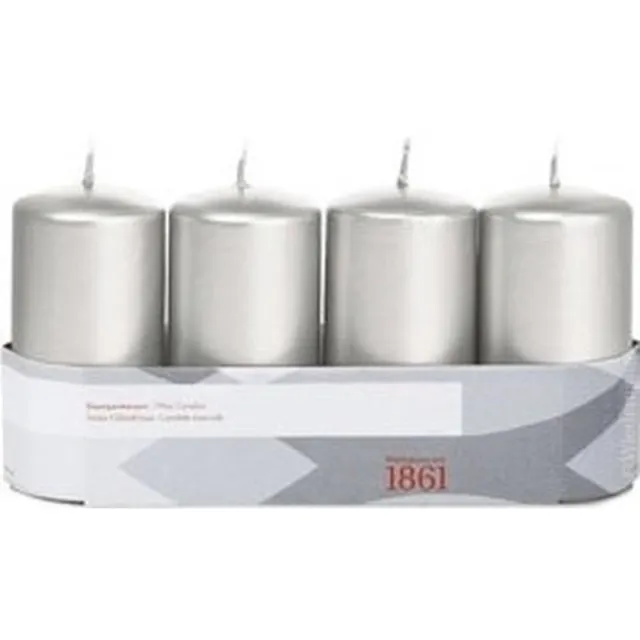 Trend Candles 4x cilinderkaarsen - 18 branduren - geurloos - zilverkleurig - stompkaarsen
