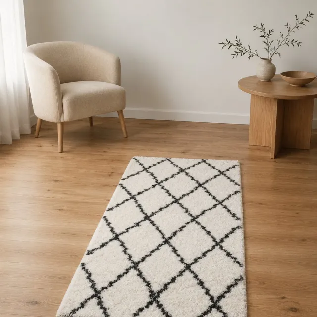 La Sheba Shaggy Wasbaar Vloerkleed – Wit/Antraciet – Geometrisch Ruitpatroon – Zacht Polyester – 60 x 110 cm
