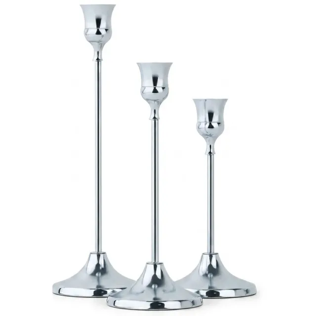 NUVEX Zilverkleurige metalen kandelaars set 3 stuks woondecoratie diner tafel decoratie klassieke stijl hoge kaars houders centrum stuk bruiloft feest huis decoratie