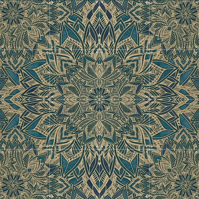 IXXI Art Deco Mandala Teal Gold, Bloomery Decor - 80 x 80 cm - Grote wanddecoratie en posters - Geometrische Kunst, Line art, Decoratieve kunsten Beige / Goud / Blauw