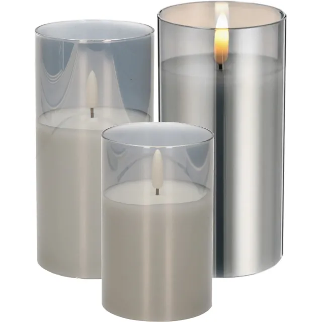 Cepewa Set van 3x luxe led kaarsen in grijs glas 10-12.5-15 cm met timer op batterijen
