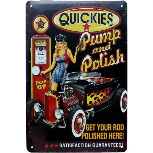 TH Commerce METALEN WANDBORD MUURPLAAT VINTAGE RETRO WANDDECORATIE TEKST DECORATIEBORD RECLAME NOSTALGIE ART, BENZINEPOMP - GARAGE - QUICKIES PUMP AND POLISH, NR. 10724 zwart