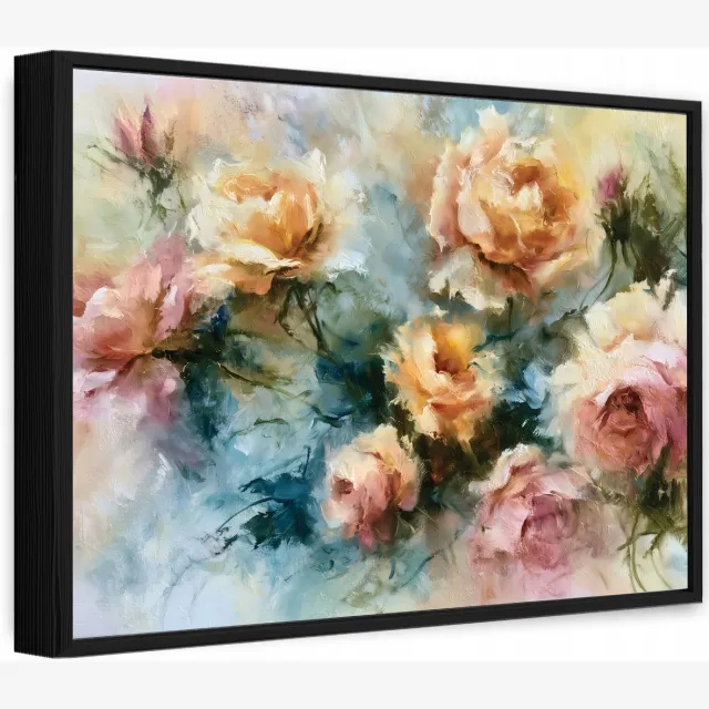WALLARENA Canvas schilderij met zwarte lijst 100x70 cm - pastelbloemen en rozen Meerkleurig