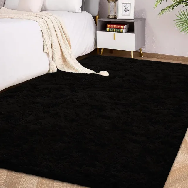 Provento Hoogpolig Tapijt 90x150cm Zwart Shaggy Tapijt Antislip voor Woonkamer & Slaapkamer Any