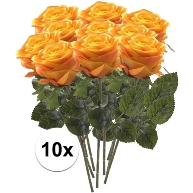 Bellatio Flowers & Plants Emerald Kunstbloem roos Simone - 10x - geel/oranje - 45 cm - decoratie bloemen