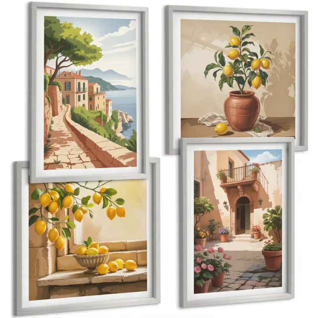 Coloray 4-Delige Schilderij Set - Citrusvruchten In De Keuken, Uitzicht Op De Zee En Het Charmante Stadje. - 40 x 40 cm En 40 x 60 cm - Muurdecoratie - Wanddecoratie - Slaapkamer Zilveren lijst