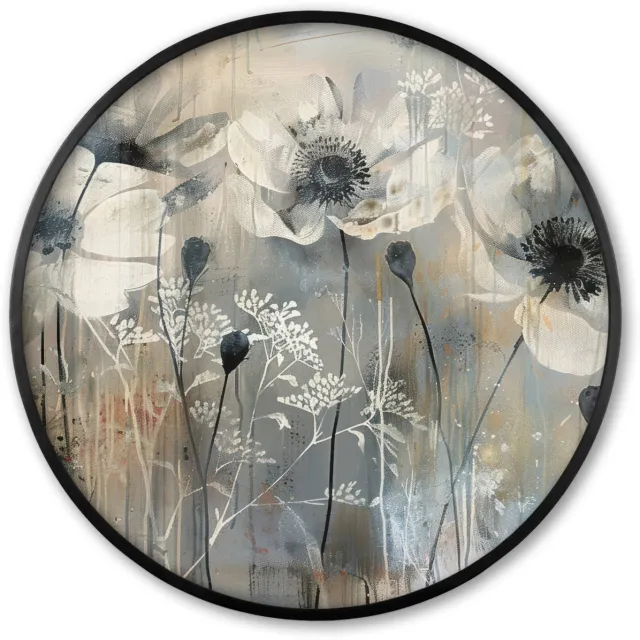 FrameYourWall Poster in lijst Rond - Fotolijst 60x60 cm - Posters - Bloemen - Planten - Grijs - Abstract - Ronde posterlijst zwart - Decoratie - Wanddecoratie woonkamer - Muurdecoratie slaapkamer