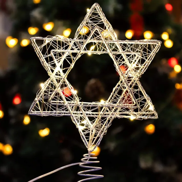 KCVV Kerstboomtopster - Lichtgevende boomtopster - Lichtgevende zeshoekige kerstboomster - 20 LED-lampjes - Kerstdecoratie - Werkt op batterijen (2 AA-batterijen niet inbegrepen) - Zilver - Geschikt voor huisdecoratie/kerstversiering binnenshuis