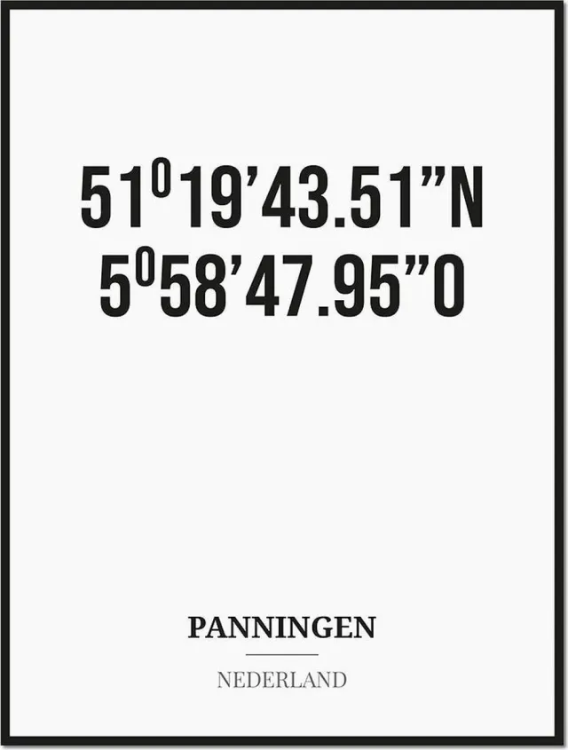 Studio216 Poster/kaart PANNINGEN met coördinaten zwart, wit