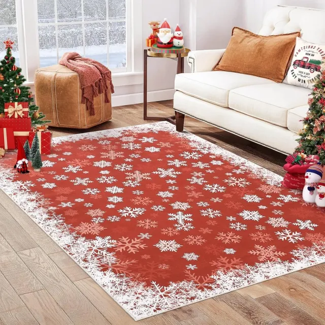 Triumpunpre Vloerkleed Kerst Sneeuwvlokken Fluweel Rood 140x200 cm Opvouwbaar Gewassen Achterkant Zwaar Woonkamer