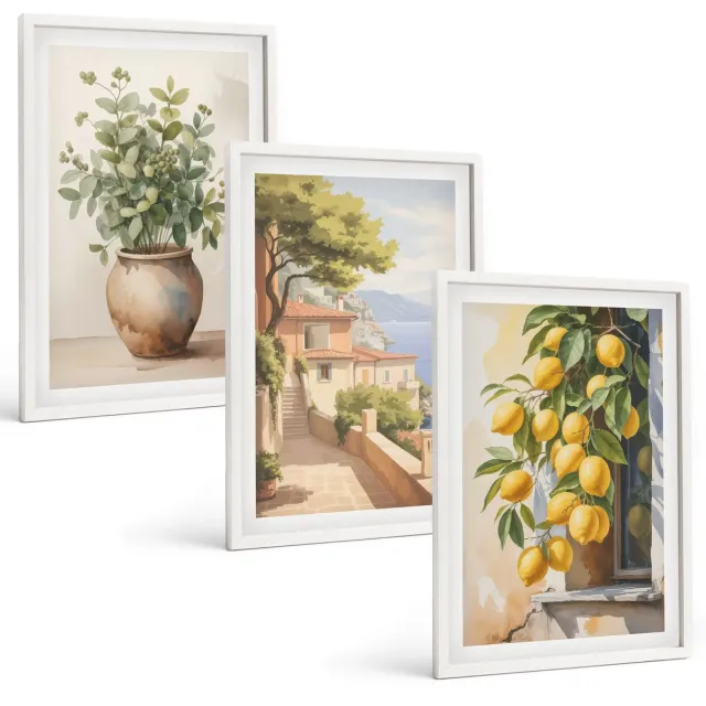 Coloray 3-Delige Schilderij Set - Bloemen In Een Vaas Met Uitzicht Op Zee En Citroenen - 40 x 60 - Stijlvolle Wanddecoratie - Interieur - Decoratieve Schilderijen Witte lijst