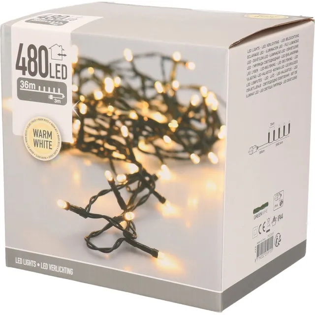 BigBuy Christmas Kerstverlichting - warm wit buiten - 480 lampjes - 36m - kerstversiering