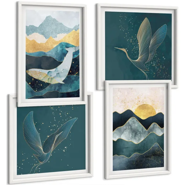 TULUP 4-Delige Schilderij Set - Abstracte berglandschappen, vliegende kraanvogels - 40x40 en 40x60 - Muurdecoratie - Schilderijen Set - Woonkamer - Decoratieve Schilderijen Witte lijst