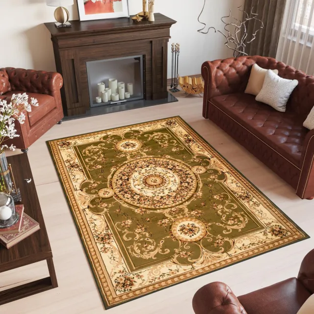 Tapiso Yesemek Vloerkleed Lemon Groen Vintage Klassiek Medaillon Woonkamer Slaapkamer Tapijt Beige Groen