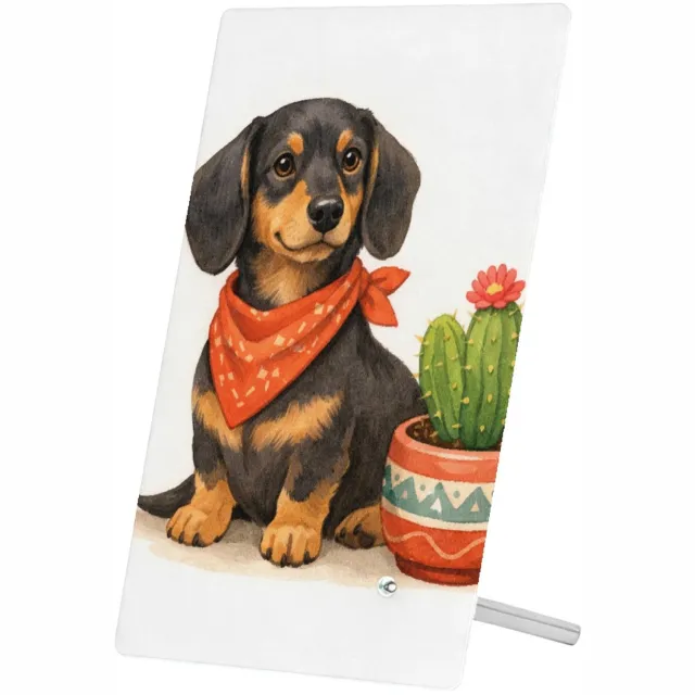 Mr Cadeautjes Glasframe 11 x 16 - design Een eigenwijze teckel met een bandana, naast een kleine cact | cadeau Wit