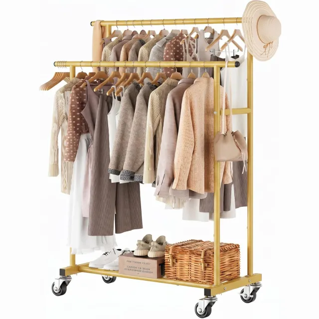 Famanu Dubbel kledingrek met wielen, draagbare kledingorganizer voor slaapkamer en woonkamer, goud